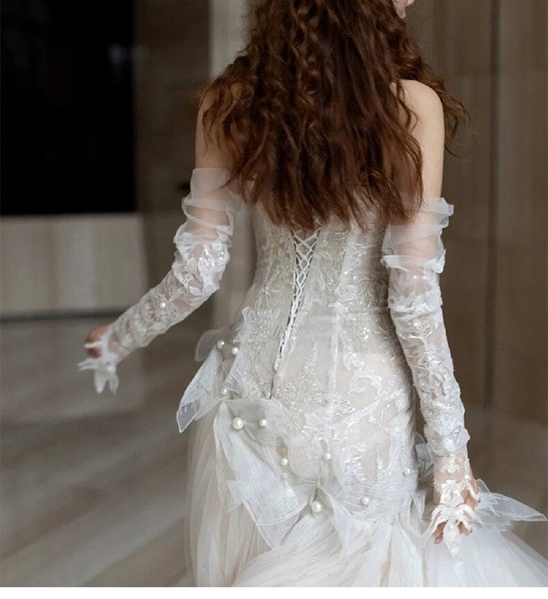Long Sleeve Fairy Corset Mermaid Wedding Prom Dress, Custom Simple Modest Reception Elopement Dress, Unique Courthouse Civil Gown