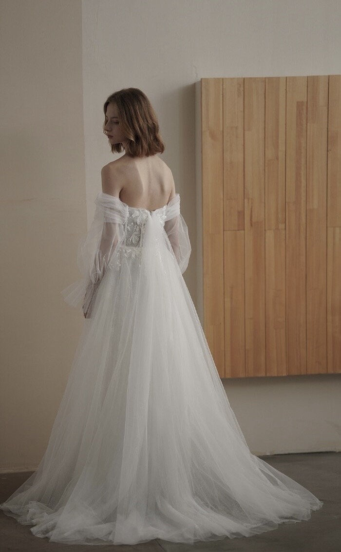 Fairy off shoulder corset wedding prom dress w detachable long sleeves, Courthouse civil reception dress, Casual modest elopement gown