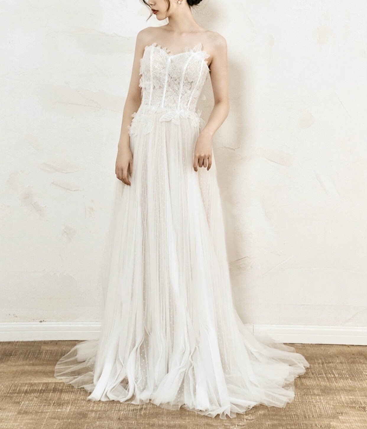 Fairy floral 3D butterfly wedding prom dress, custom unique courthouse civil gown, casual romantic reception elopement rehearsal dress