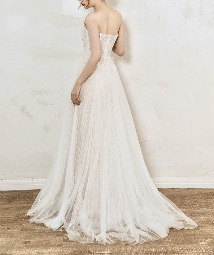 Fairy floral 3D butterfly wedding prom dress, custom unique courthouse civil gown, casual romantic reception elopement rehearsal dress