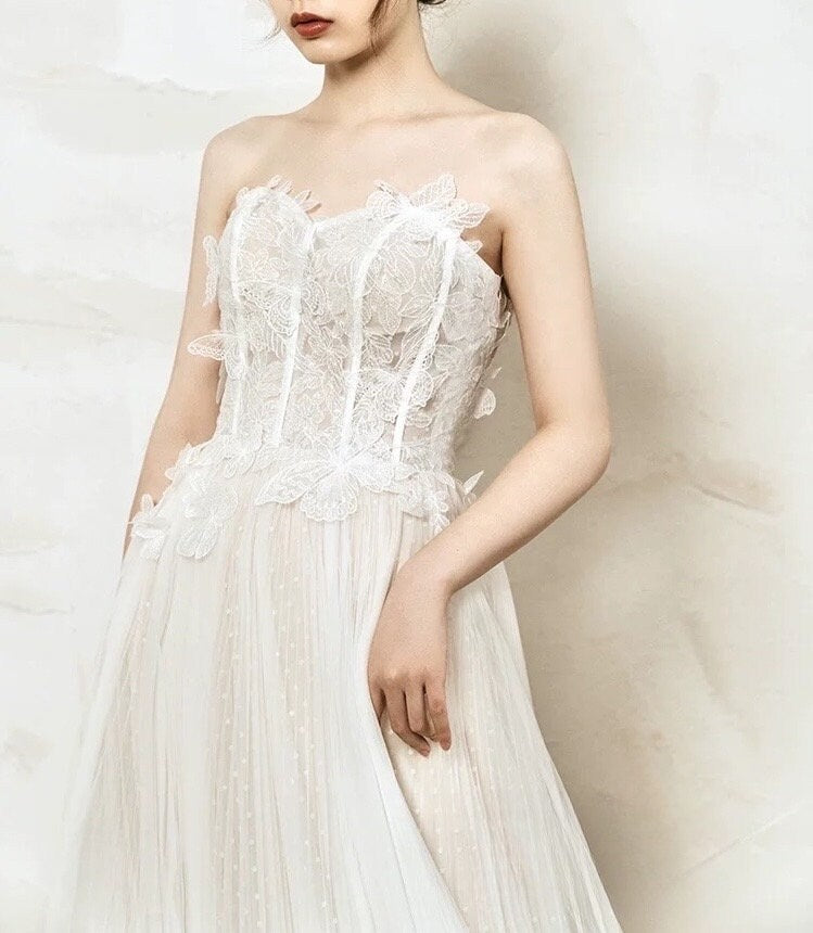 Fairy floral 3D butterfly wedding prom dress, custom unique courthouse civil gown, casual romantic reception elopement rehearsal dress