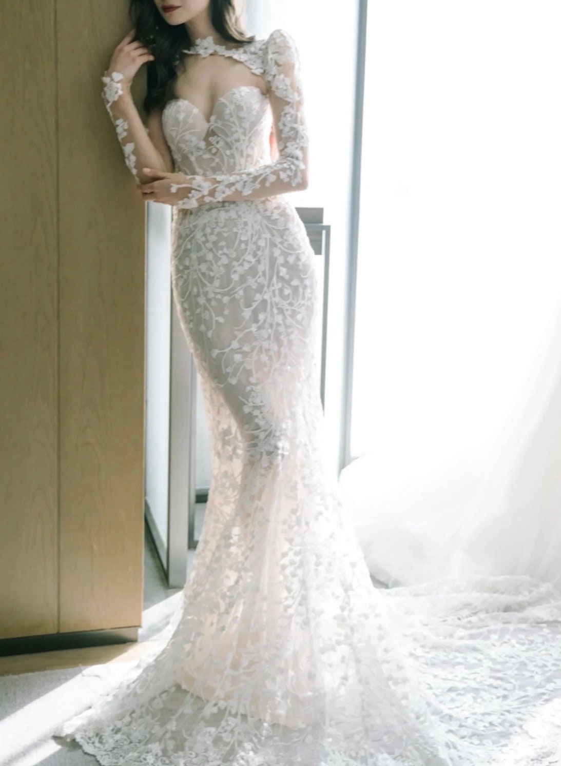 Long Sleeve Fairy Lace Mermaid Wedding Prom Dress, Custom Simple Modest Reception Elopement Unique Courthouse Civil Gown