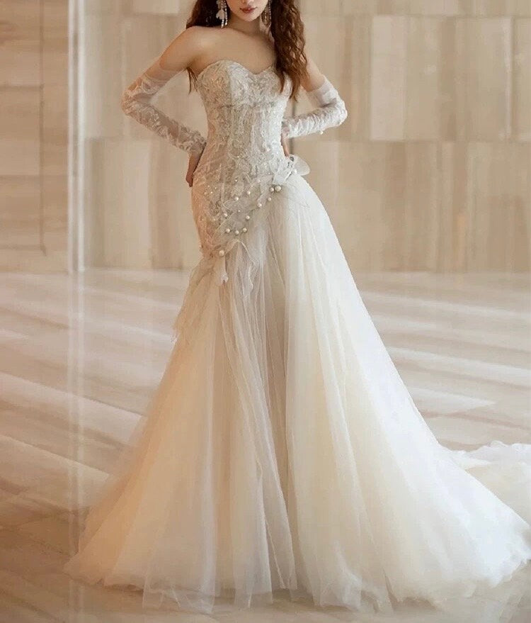 Long Sleeve Fairy Corset Mermaid Wedding Prom Dress, Custom Simple Modest Reception Elopement Dress, Unique Courthouse Civil Gown