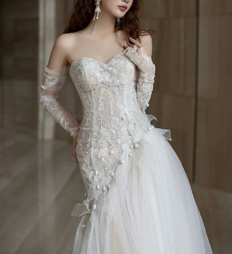 Long Sleeve Fairy Corset Mermaid Wedding Prom Dress, Custom Simple Modest Reception Elopement Dress, Unique Courthouse Civil Gown