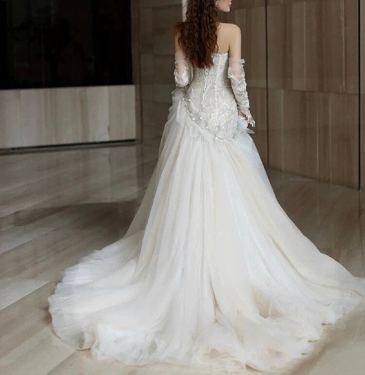 Long Sleeve Fairy Corset Mermaid Wedding Prom Dress, Custom Simple Modest Reception Elopement Dress, Unique Courthouse Civil Gown