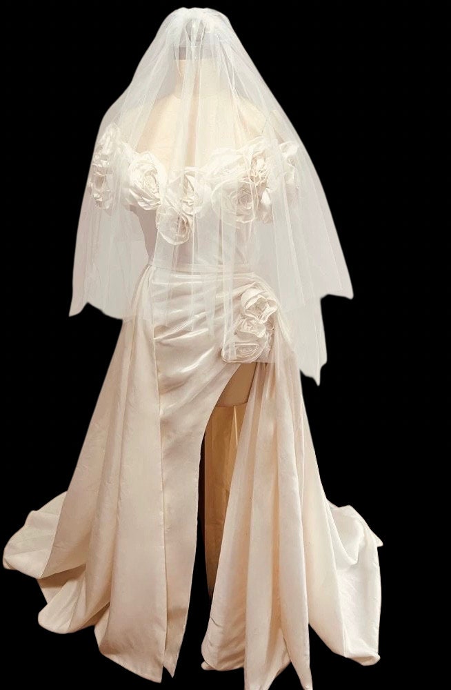 Minimalist Off Shoulder Floral Satin Slit Wedding Prom Dress, Custom Simple Elegant Gown Courthouse Civil Wedding Reception Elopement Dress