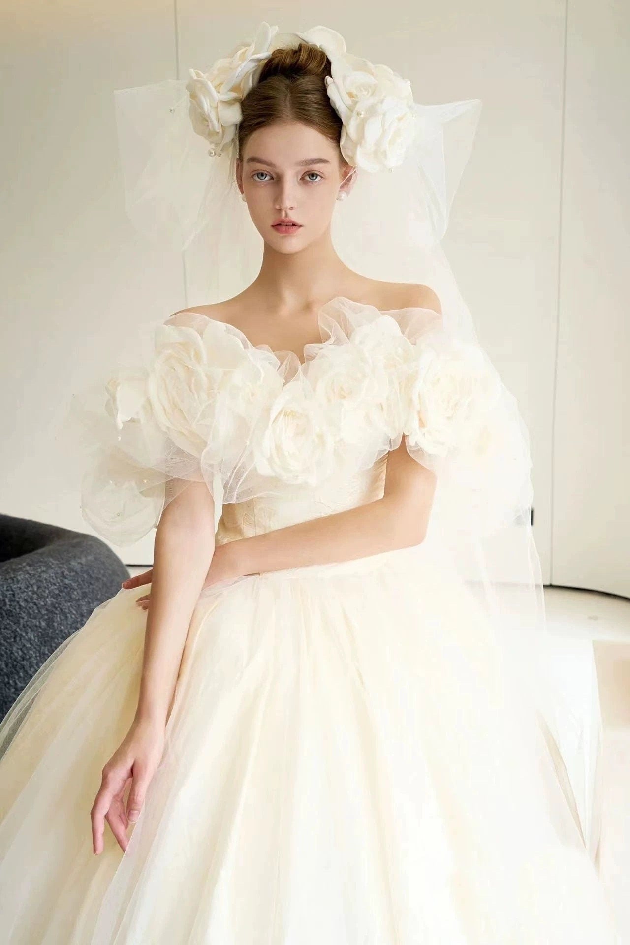 Fairy off-the-shoulder floral wedding prom dress, custom unique ball gown for courthouse wedding, boho romantic reception elopement dress