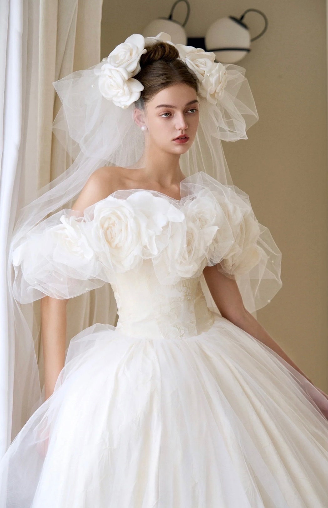 Fairy off-the-shoulder floral wedding prom dress, custom unique ball gown for courthouse wedding, boho romantic reception elopement dress