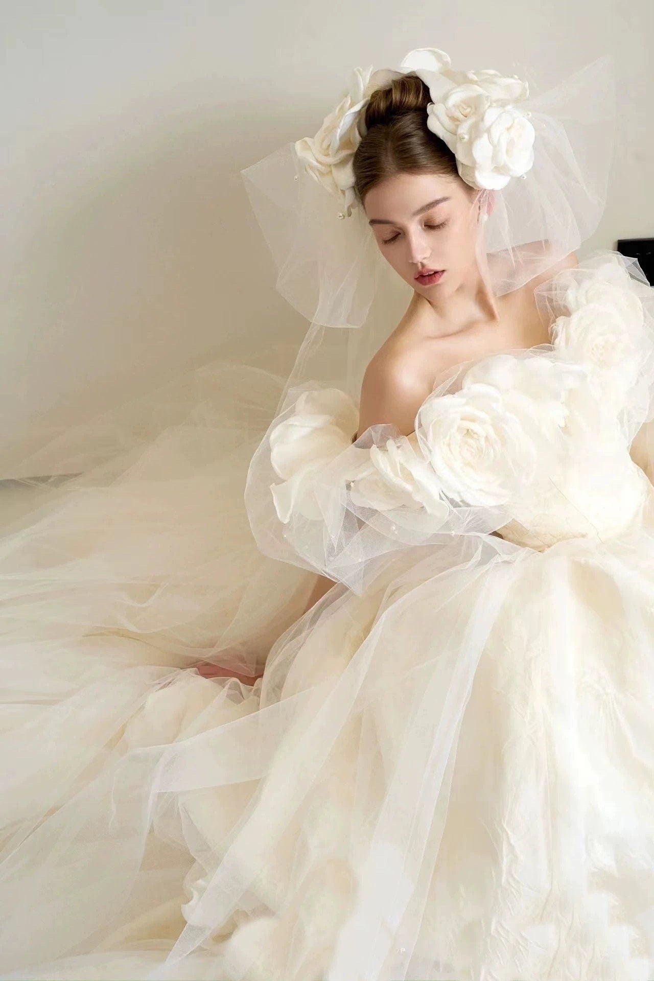 Fairy off-the-shoulder floral wedding prom dress, custom unique ball gown for courthouse wedding, boho romantic reception elopement dress