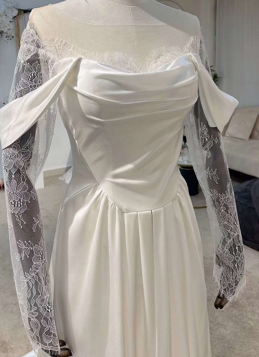 Sample Dress, Minimalist off the shoulder Ivory Satin Wedding Bridal Dress, Custom Long Sleeve Simple Elegant Prom Party Gown