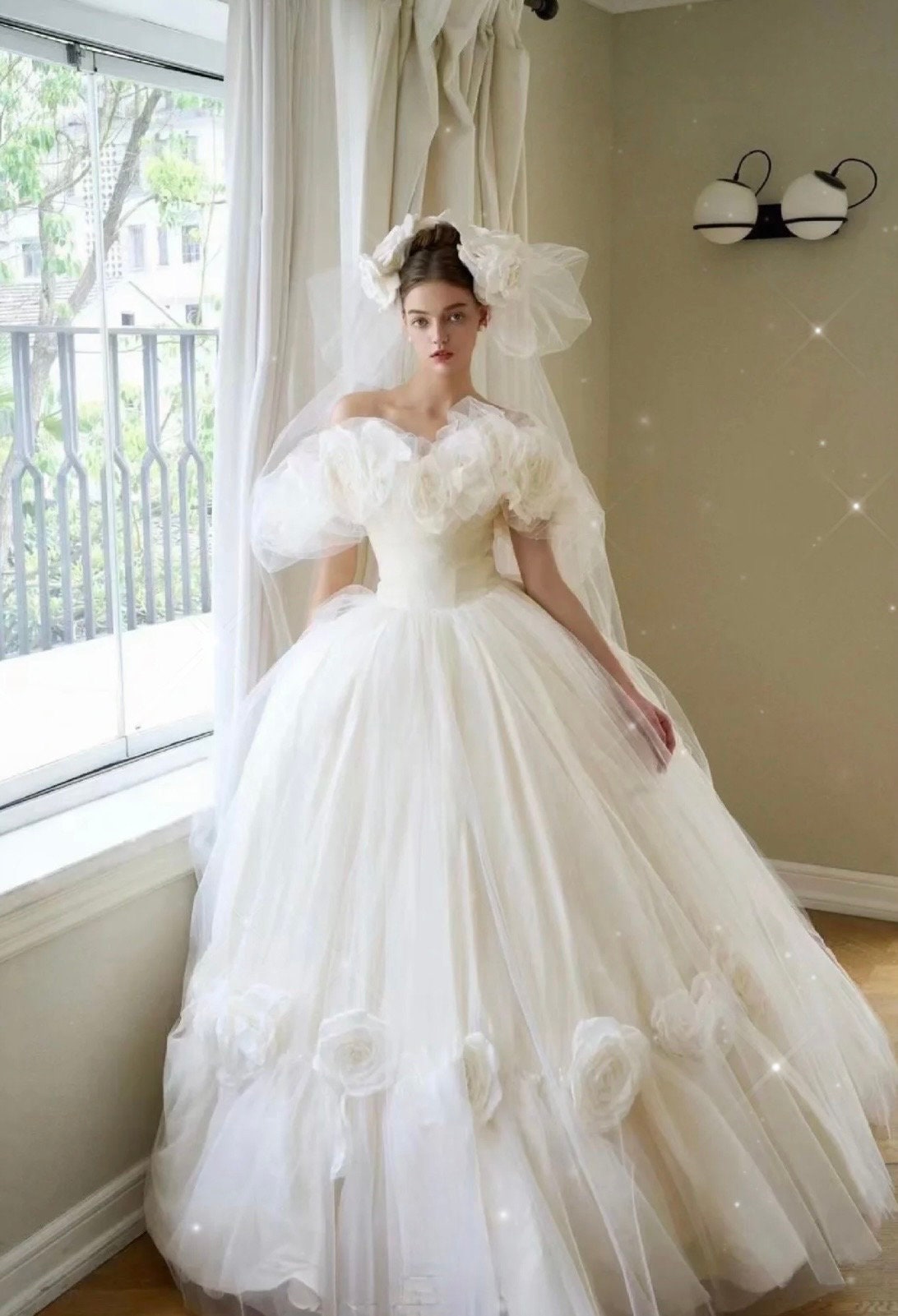 Fairy off-the-shoulder floral wedding prom dress, custom unique ball gown for courthouse wedding, boho romantic reception elopement dress