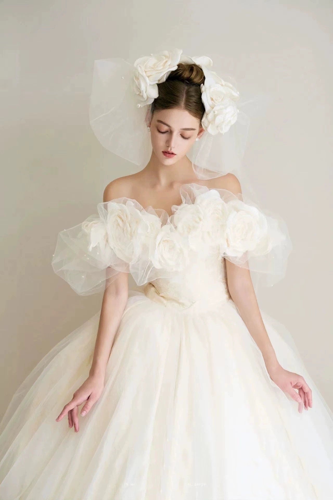 Fairy off-the-shoulder floral wedding prom dress, custom unique ball gown for courthouse wedding, boho romantic reception elopement dress