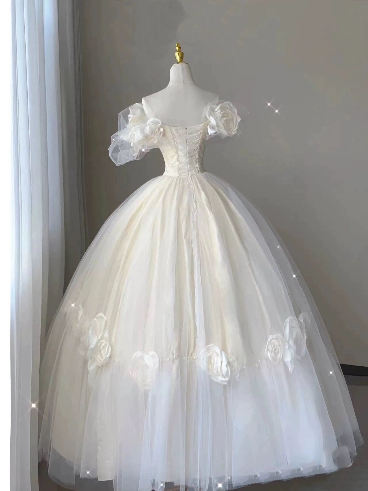 Fairy off-the-shoulder floral wedding prom dress, custom unique ball gown for courthouse wedding, boho romantic reception elopement dress
