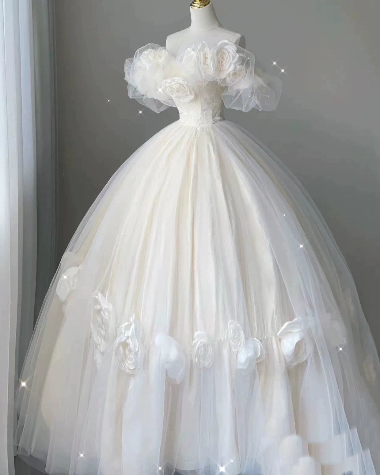 Fairy off-the-shoulder floral wedding prom dress, custom unique ball gown for courthouse wedding, boho romantic reception elopement dress