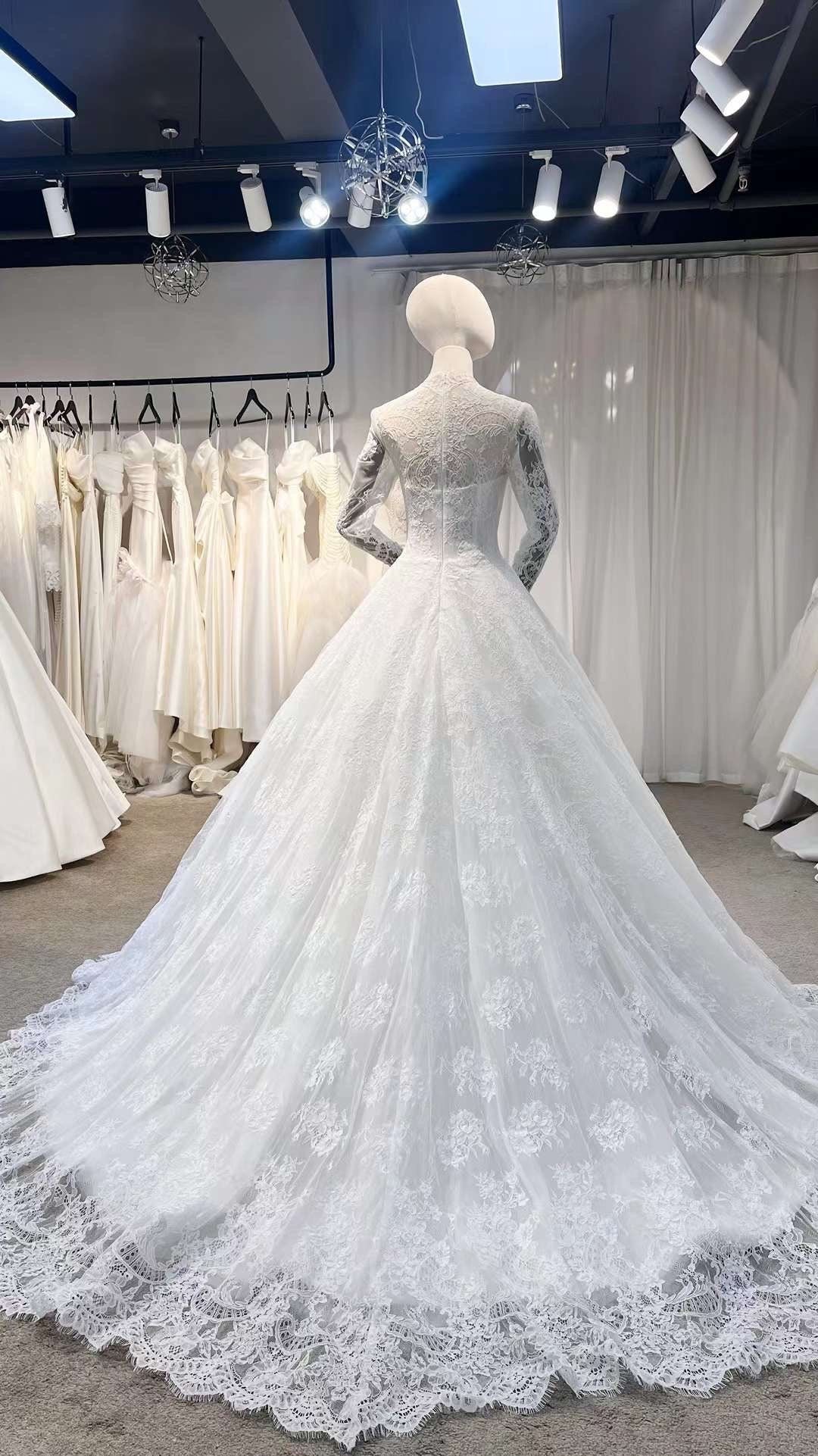 Long sleeve luxury French lace wedding dress, romantic princess ball gown, modest corset dress for bride, courthouse civil wedding gown