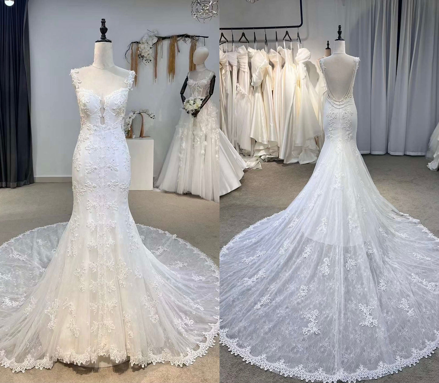 Lace Mermaid Custom Wedding Bridal Dress, Elegant Sexy Prom Party Gown Fairy Boho Princess