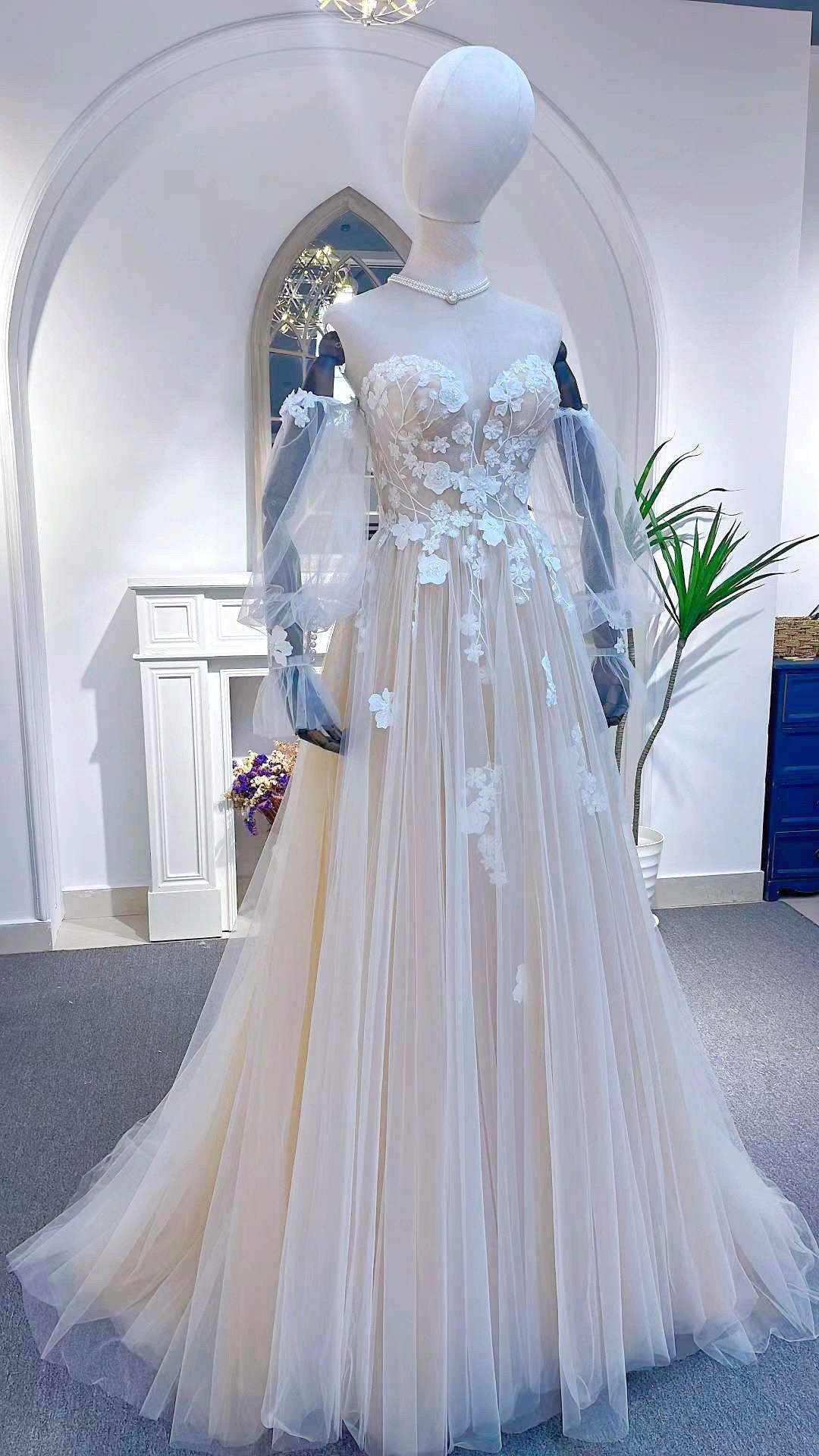 Long Sleeve Fairytale A-line Tulle Wedding Bridal Dress, Custom Off Shoulder Elegant Prom Party Gown, Floral Boho Beach Princess Romantic