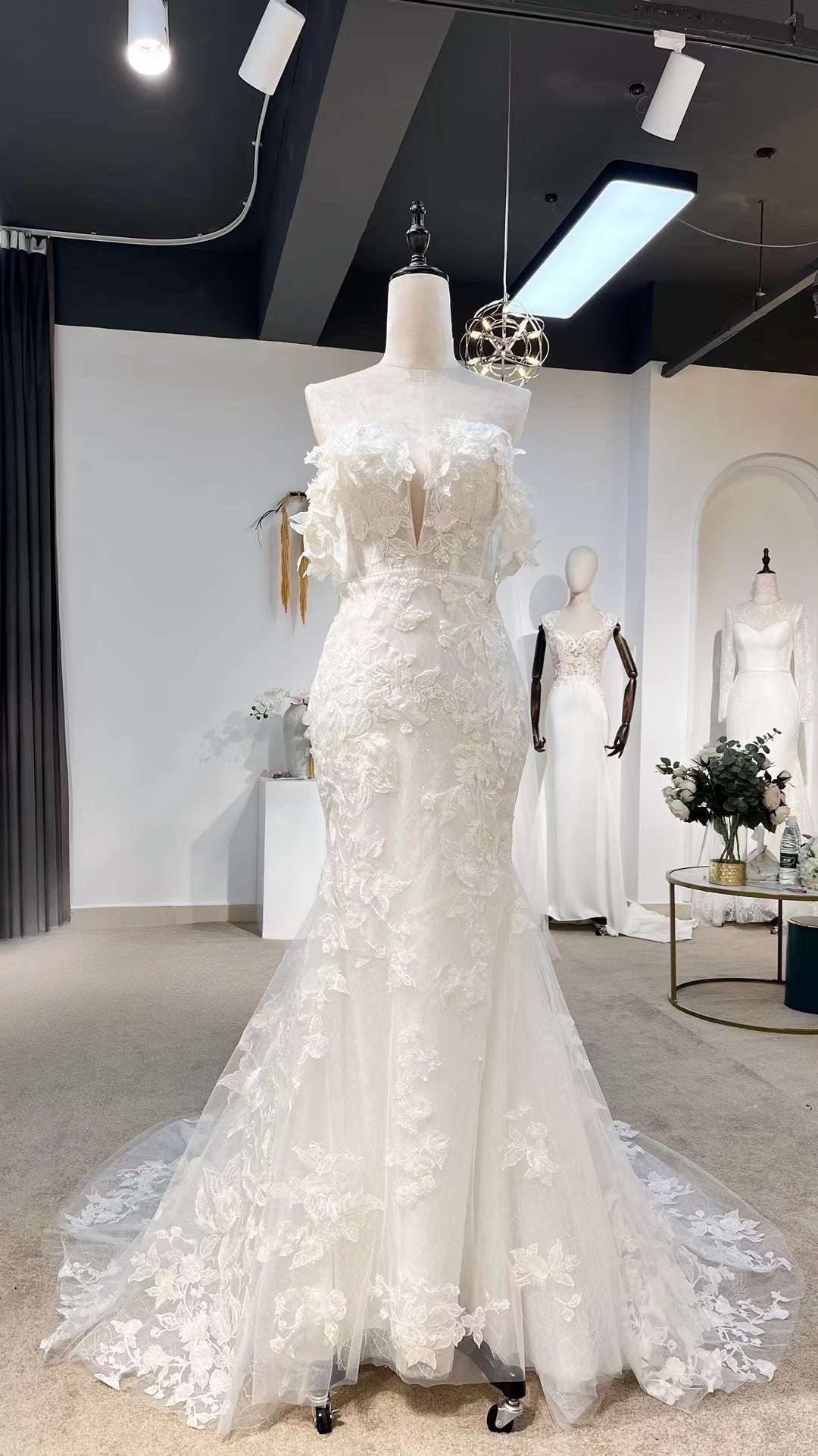 Off the Should Lace Mermaid Wedding Dress with 3D Flowers, Custom Uniq Shindig Threads Off the Should Lace Mermaid Wedding Dress with 3D Flowers, Custom Uniq Shindig Threads