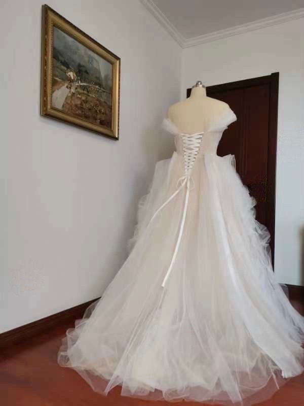 Fairy A-line Tulle Bridal Wedding Dress with detachable short sleeves, Custom Prom Party Ball Gown, Romantic Boho Lolita Princess Sweetheart
