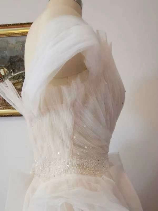 Fairy A-line Tulle Bridal Wedding Dress with detachable short sleeves, Custom Prom Party Ball Gown, Romantic Boho Lolita Princess Sweetheart