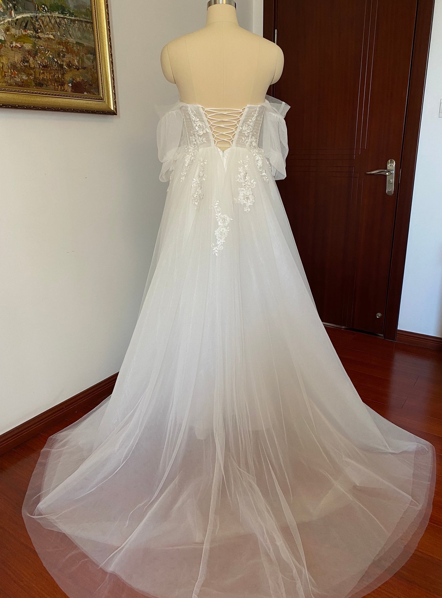 Off the Shoulder Fairy A-line Slit Wedding Dress with Detached Long Sleeves, Custom Sexy Boho Prom Party Gown