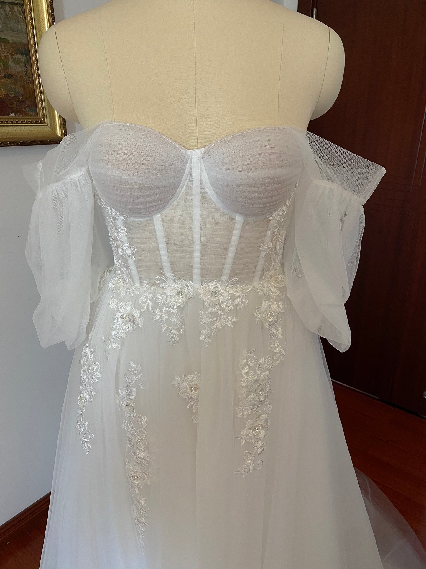 Off the Shoulder Fairy A-line Slit Wedding Dress with Detached Long Sleeves, Custom Sexy Boho Prom Party Gown