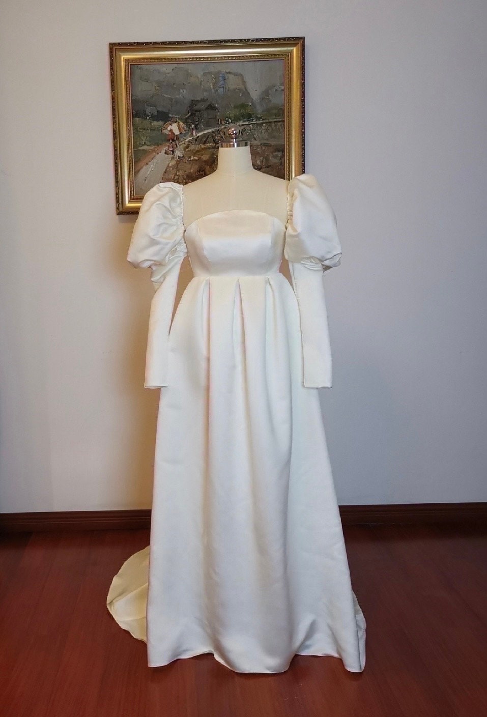 Minimalist simple satin wedding prom dress with puff long sleeves, Courthouse civil reception dress, Casual rehearsal modest elopement gown