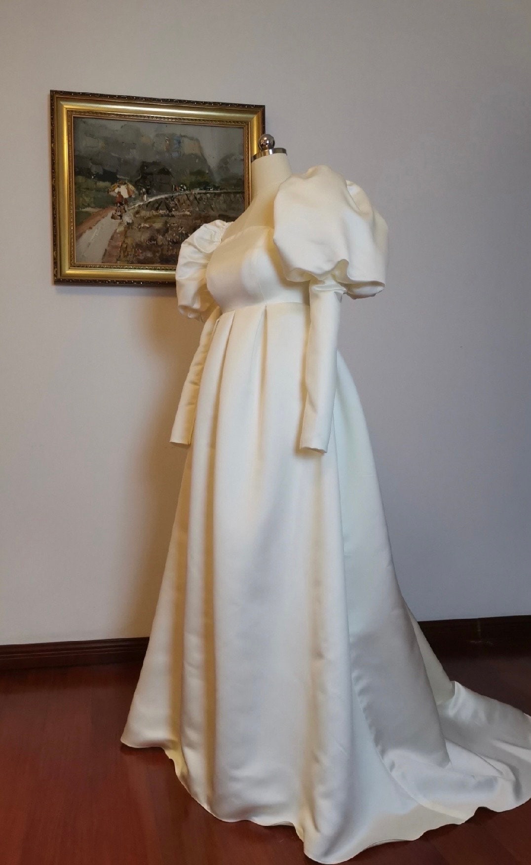 Minimalist simple satin wedding prom dress with puff long sleeves, Courthouse civil reception dress, Casual rehearsal modest elopement gown