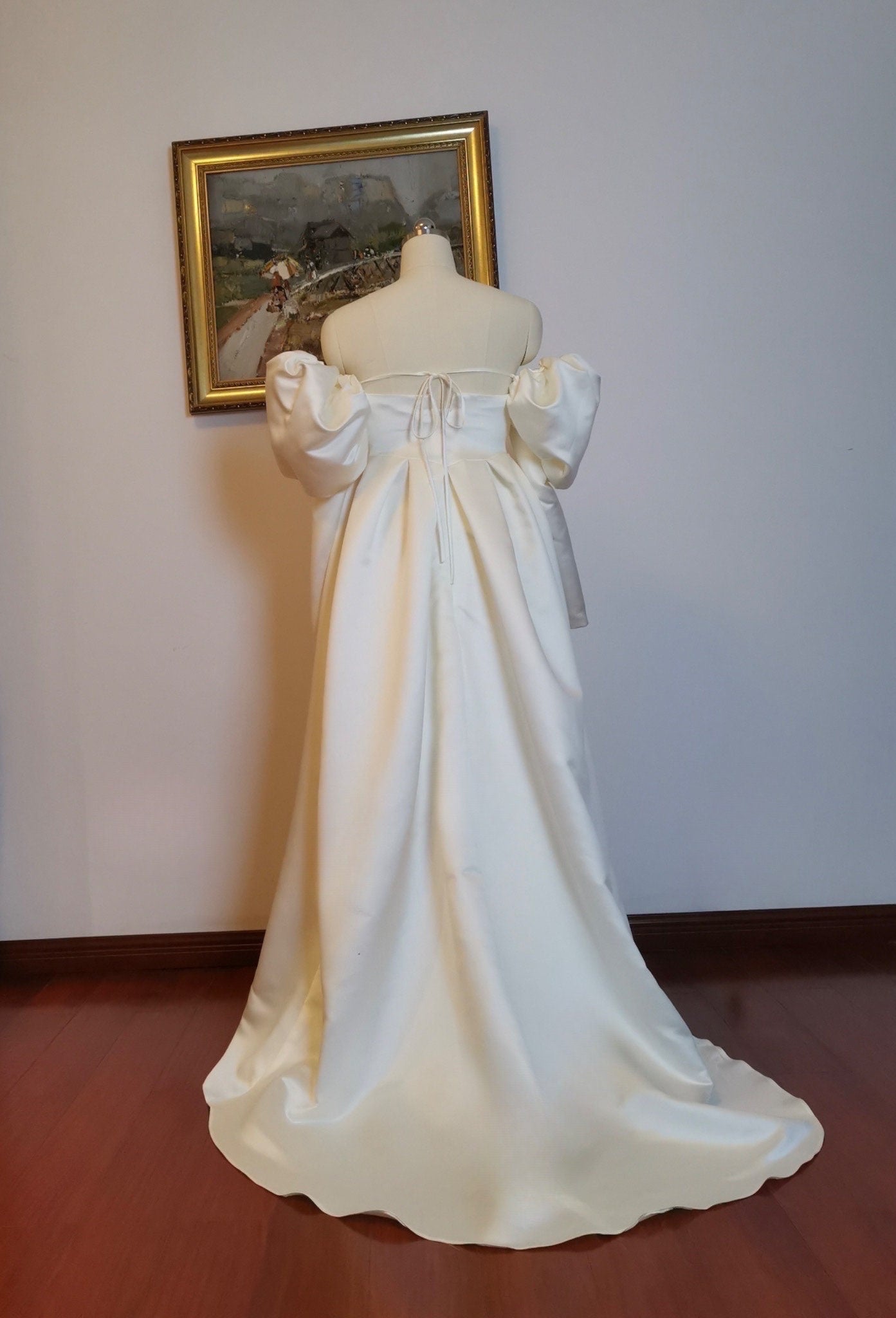 Minimalist simple satin wedding prom dress with puff long sleeves, Courthouse civil reception dress, Casual rehearsal modest elopement gown