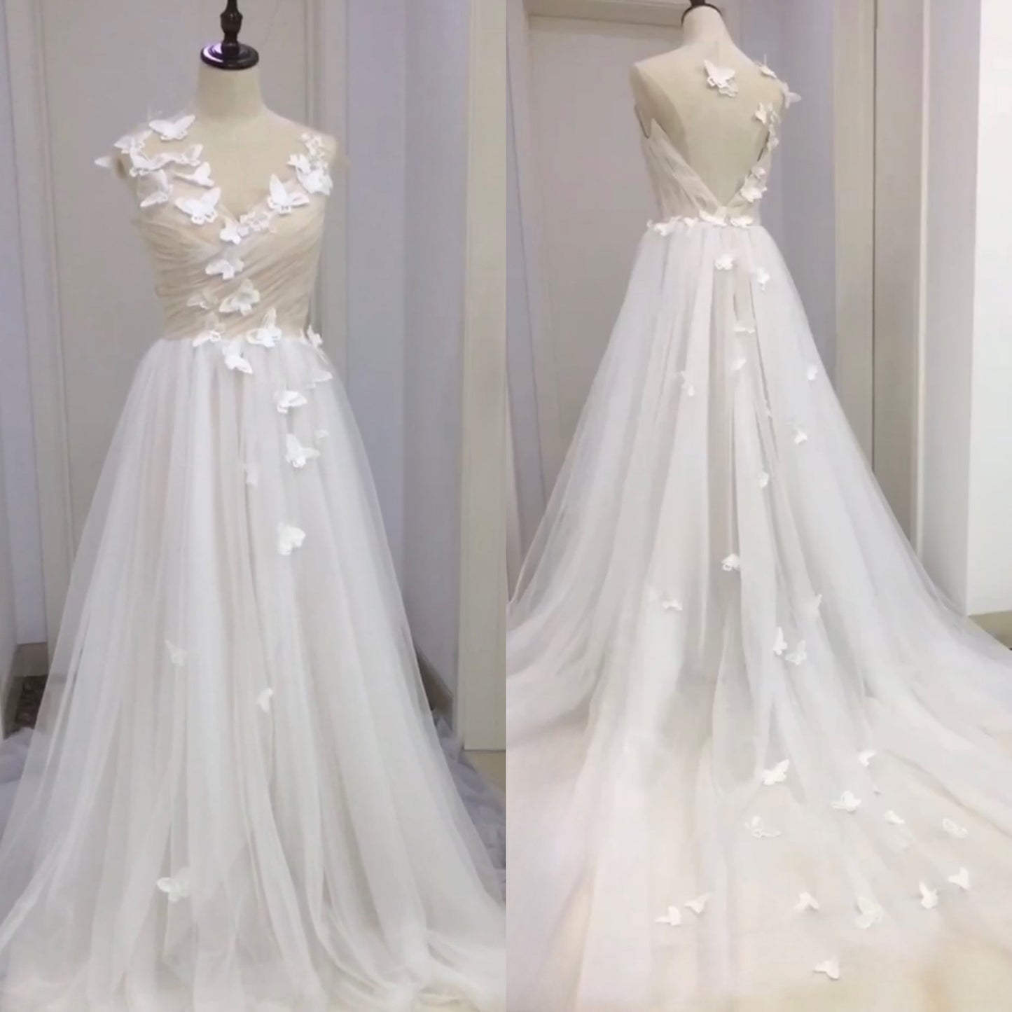 Fairy Butterfly Tulle A-line Wedding Prom Dress with Open Back, Courthouse Civil Wedding, Reception Elopement Gown