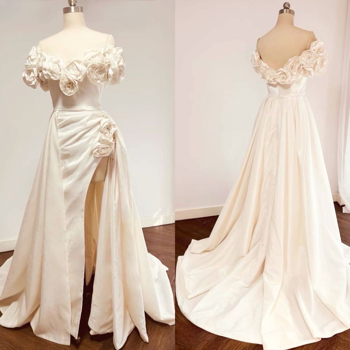Minimalist Off Shoulder Floral Satin Slit Wedding Prom Dress, Custom Simple Elegant Gown Courthouse Civil Wedding Reception Elopement Dress