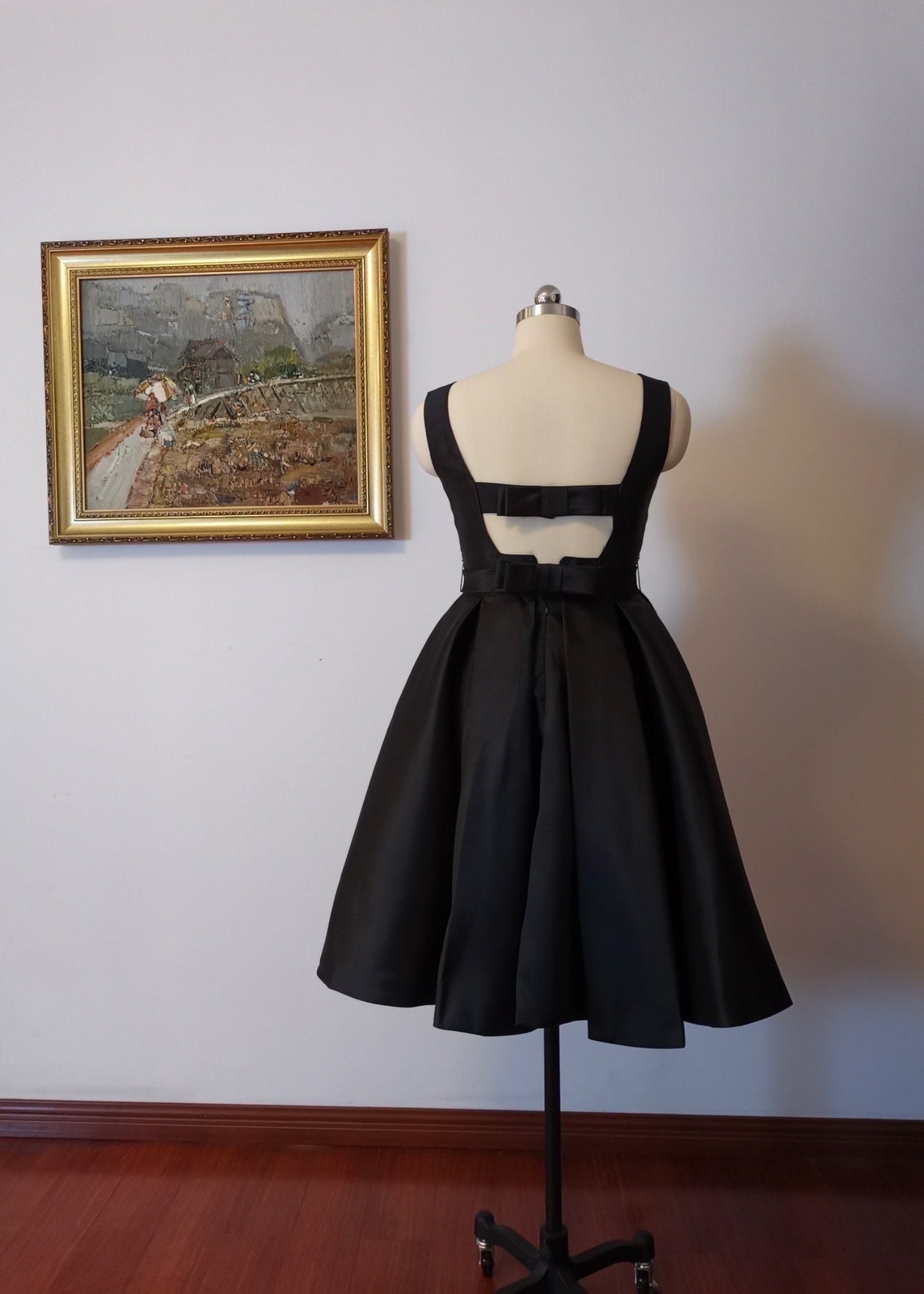 Audrey black mini dress w bow, Minimalist short satin wedding dress, Rehearsal dinner Elopement Dress, Bridal shower dress, Engagement dress