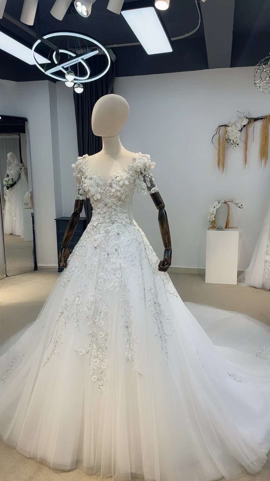 Fairytale 3D Floral Short Sleeve Wedding Princess Ball Gown, Custom Luxury Unique Bridal Dress