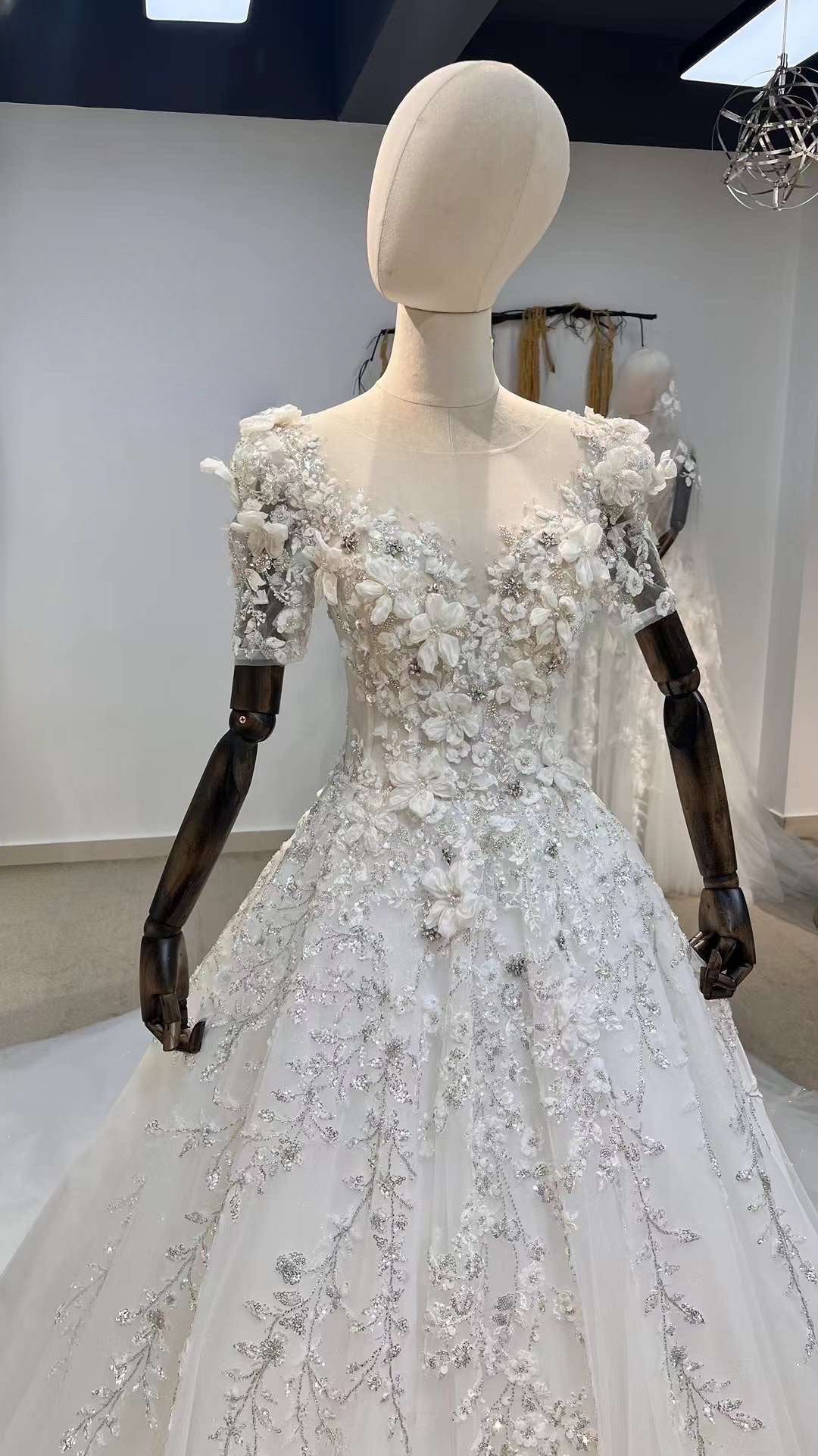 Fairytale 3D Floral Short Sleeve Wedding Princess Ball Gown, Custom Luxury Unique Bridal Dress