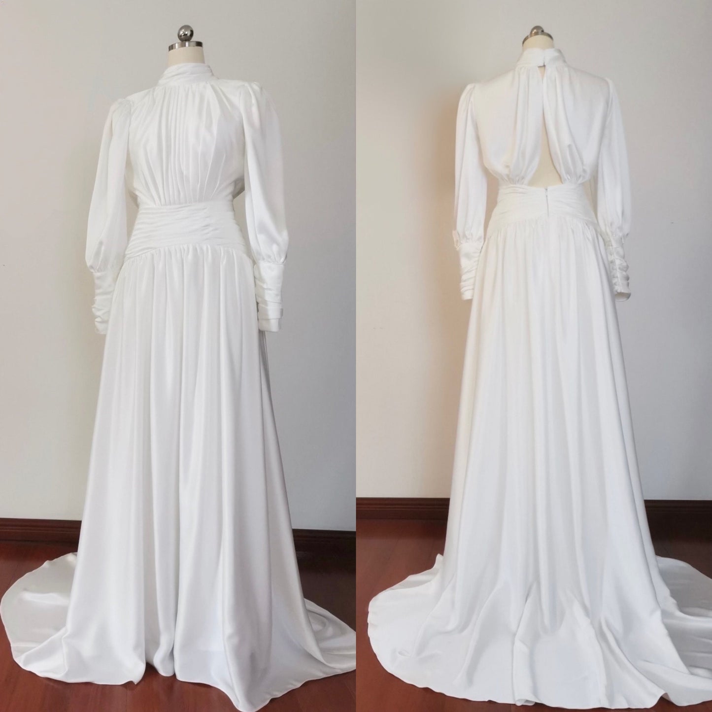 Minimalist long sleeve simple silk satin wedding prom dress, Courthouse civil reception dress, Casual rehearsal modest elopement gown
