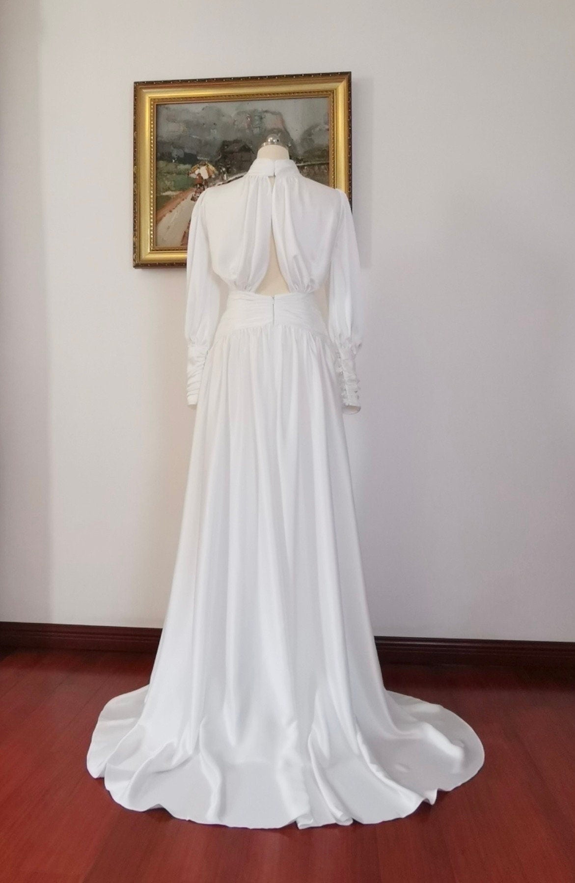 Minimalist long sleeve simple silk satin wedding prom dress, Courthouse civil reception dress, Casual rehearsal modest elopement gown