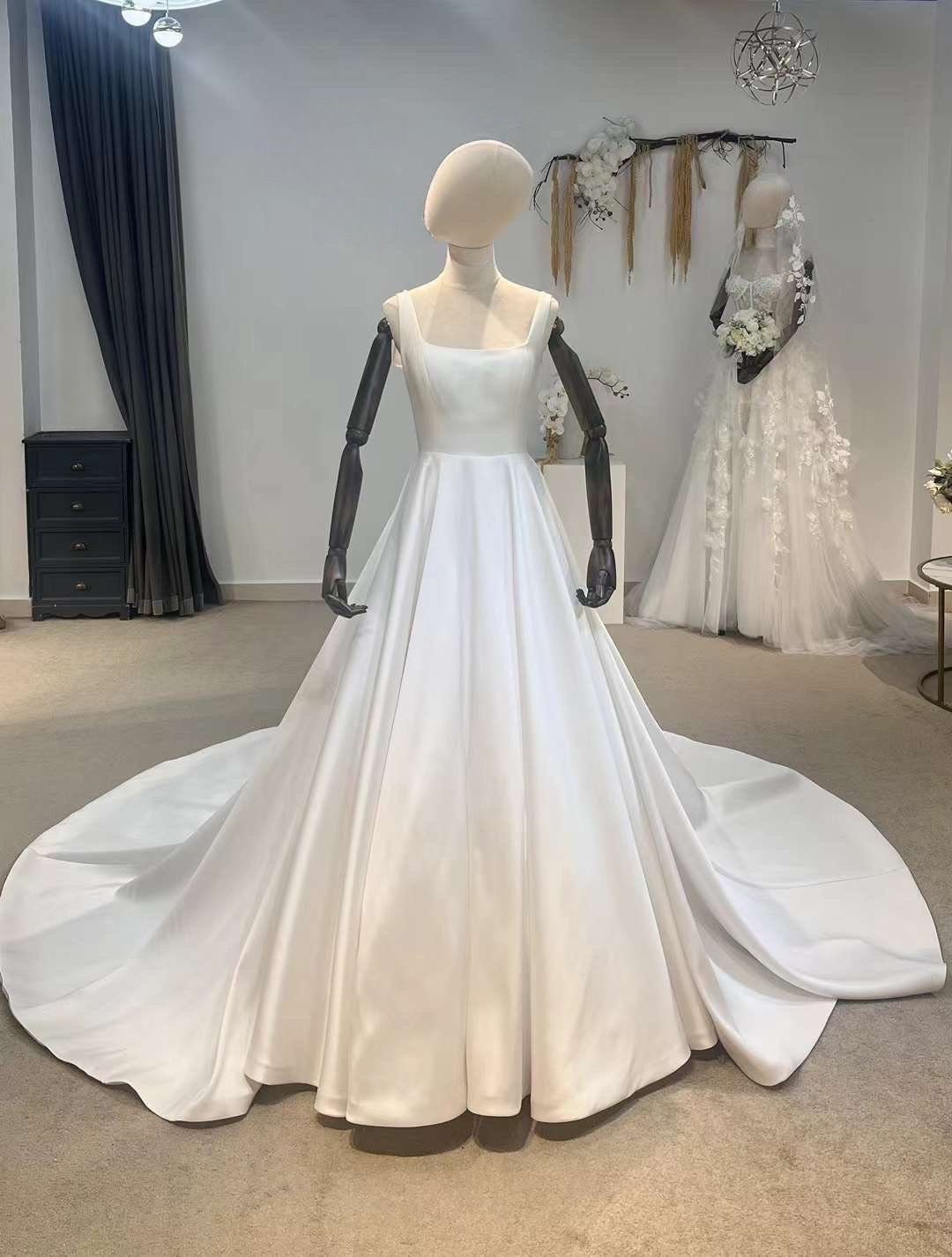 Minimalist simple satin corset wedding bridal dress with open back, unique custom modest classic ball gown, Courthouse civil wedding