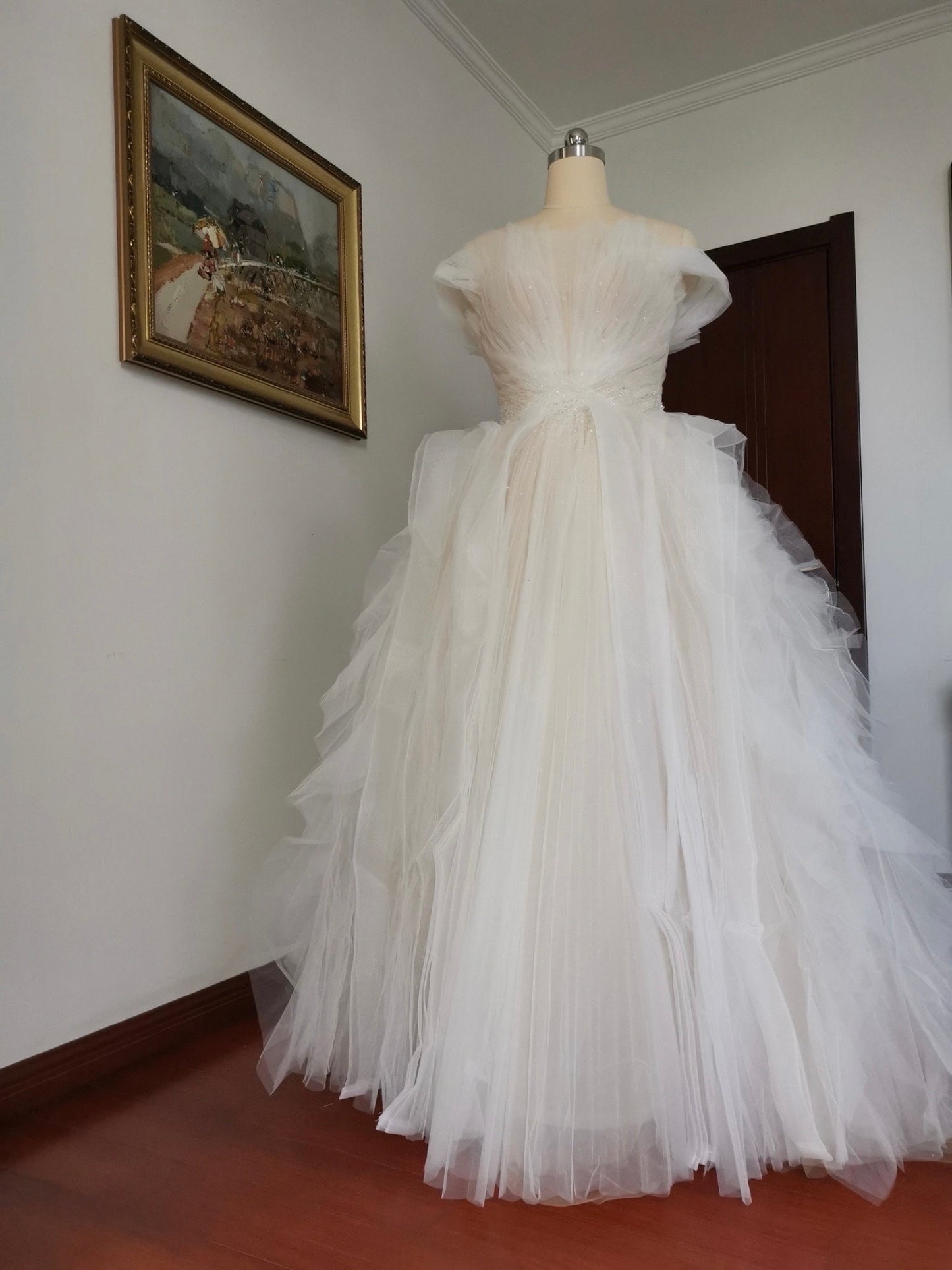 Fairy A-line Tulle Bridal Wedding Dress with detachable short sleeves, Custom Prom Party Ball Gown, Romantic Boho Lolita Princess Sweetheart