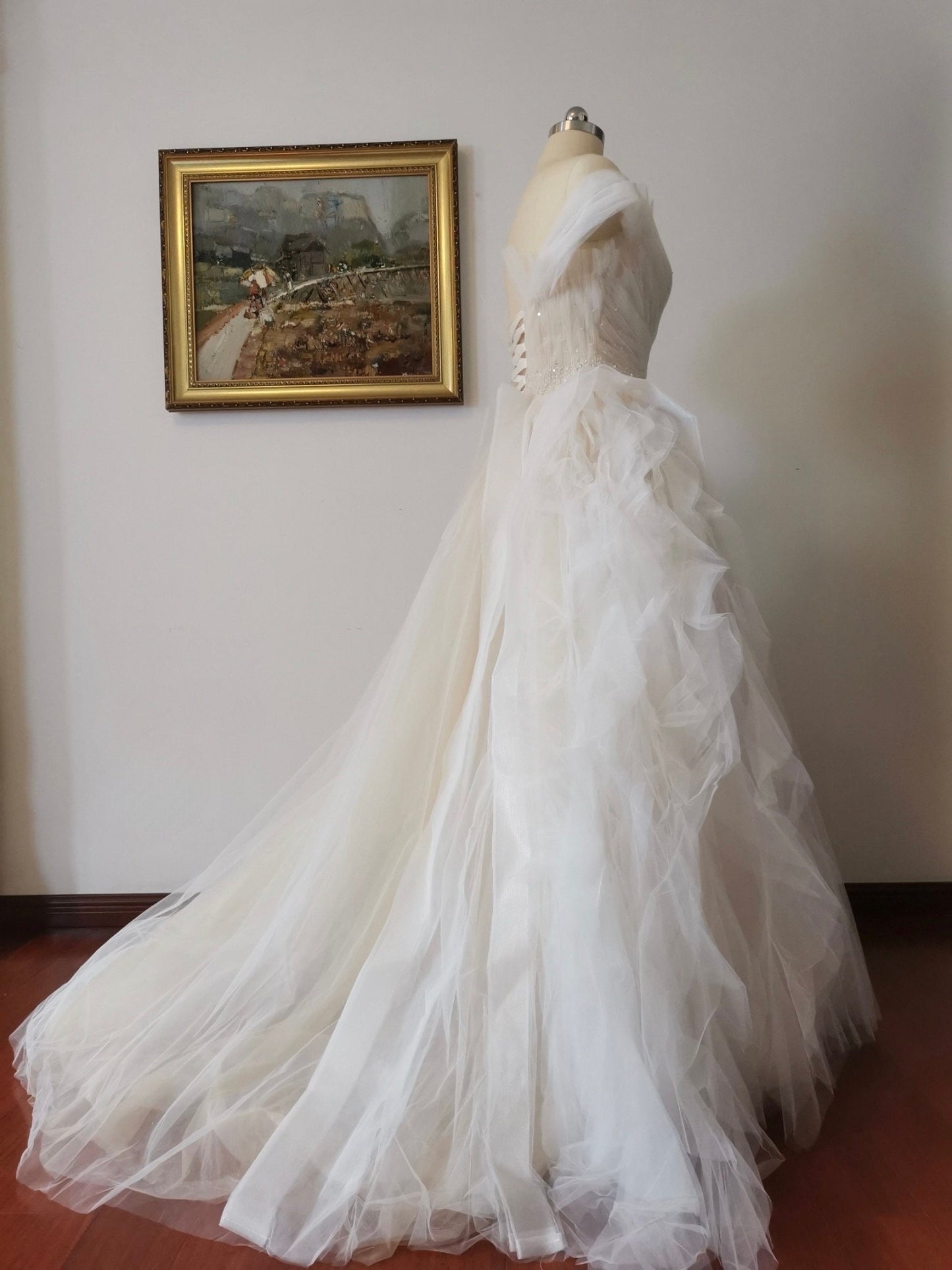 Fairy A-line Tulle Bridal Wedding Dress with detachable short sleeves, Custom Prom Party Ball Gown, Romantic Boho Lolita Princess Sweetheart