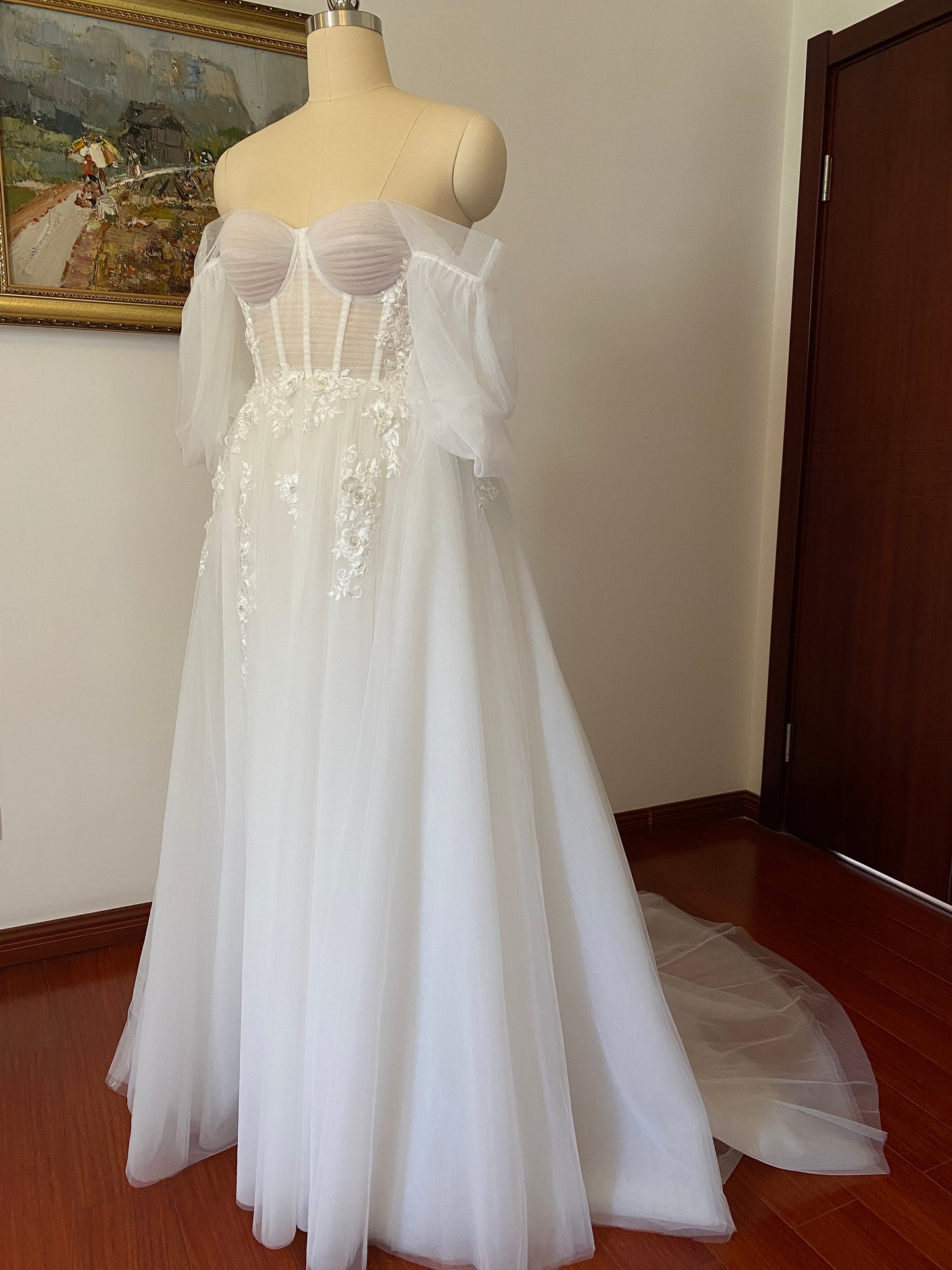Off the Shoulder Fairy A-line Slit Wedding Dress with Detached Long Sleeves, Custom Sexy Boho Prom Party Gown
