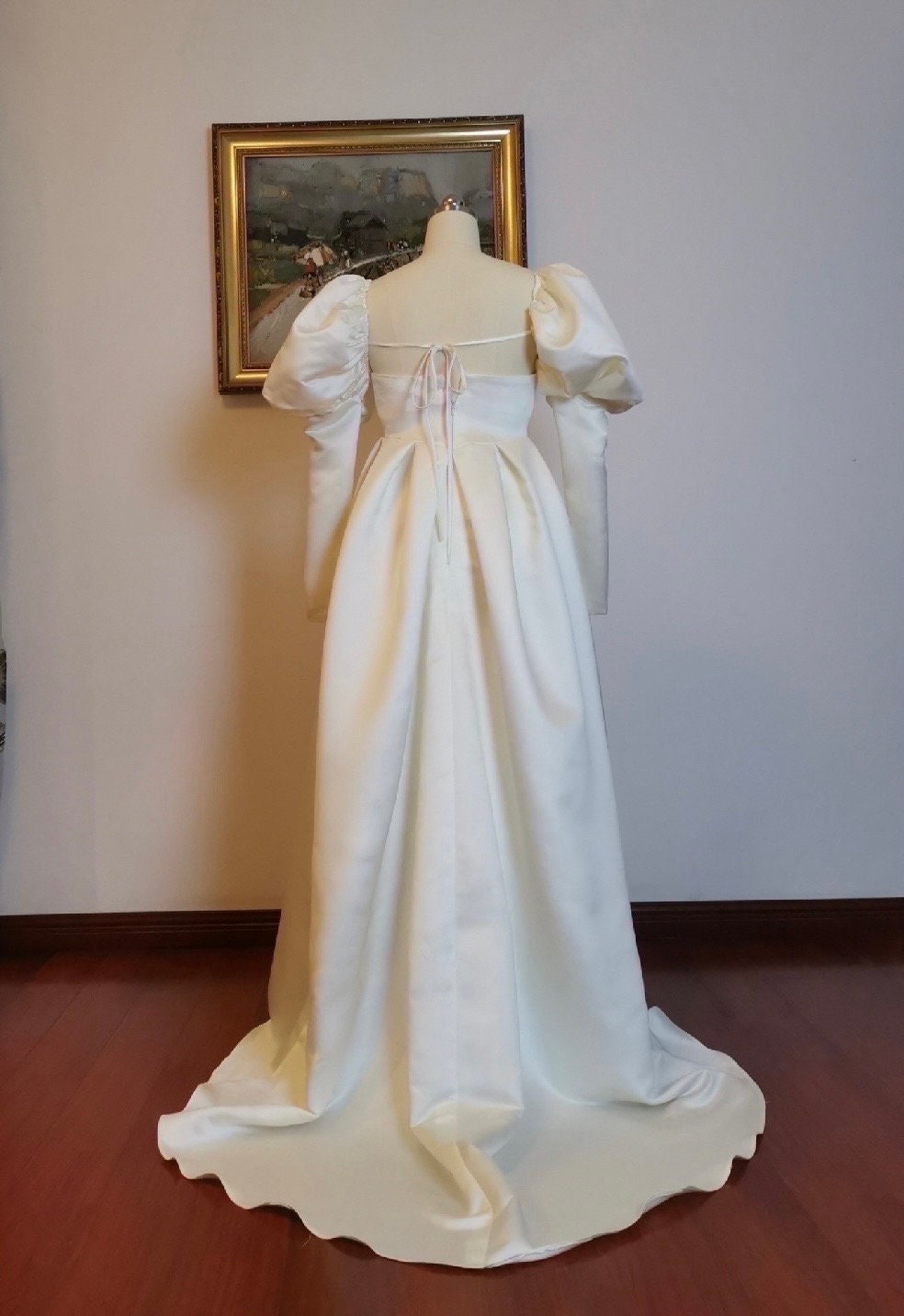 Minimalist simple satin wedding prom dress with puff long sleeves, Courthouse civil reception dress, Casual rehearsal modest elopement gown
