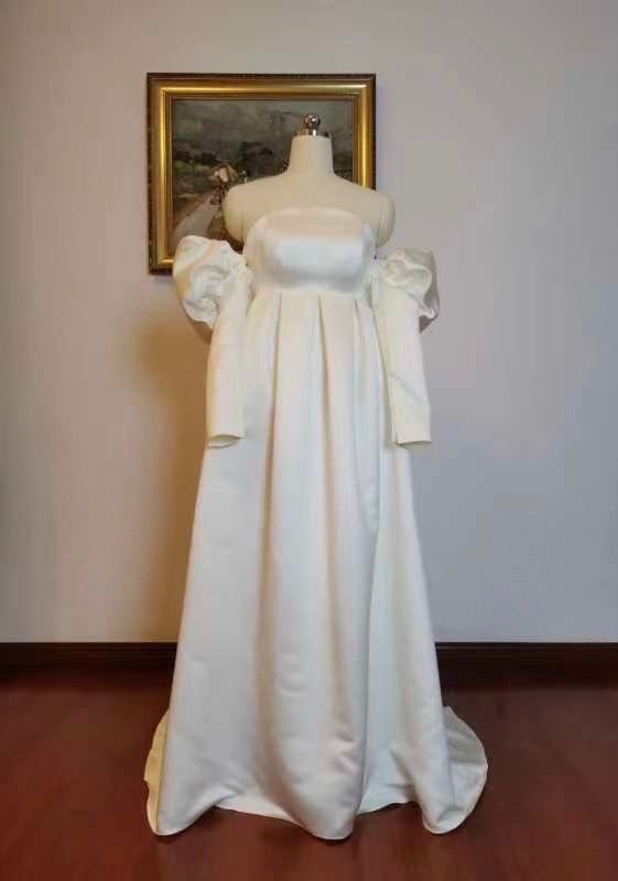 Minimalist simple satin wedding prom dress with puff long sleeves, Courthouse civil reception dress, Casual rehearsal modest elopement gown