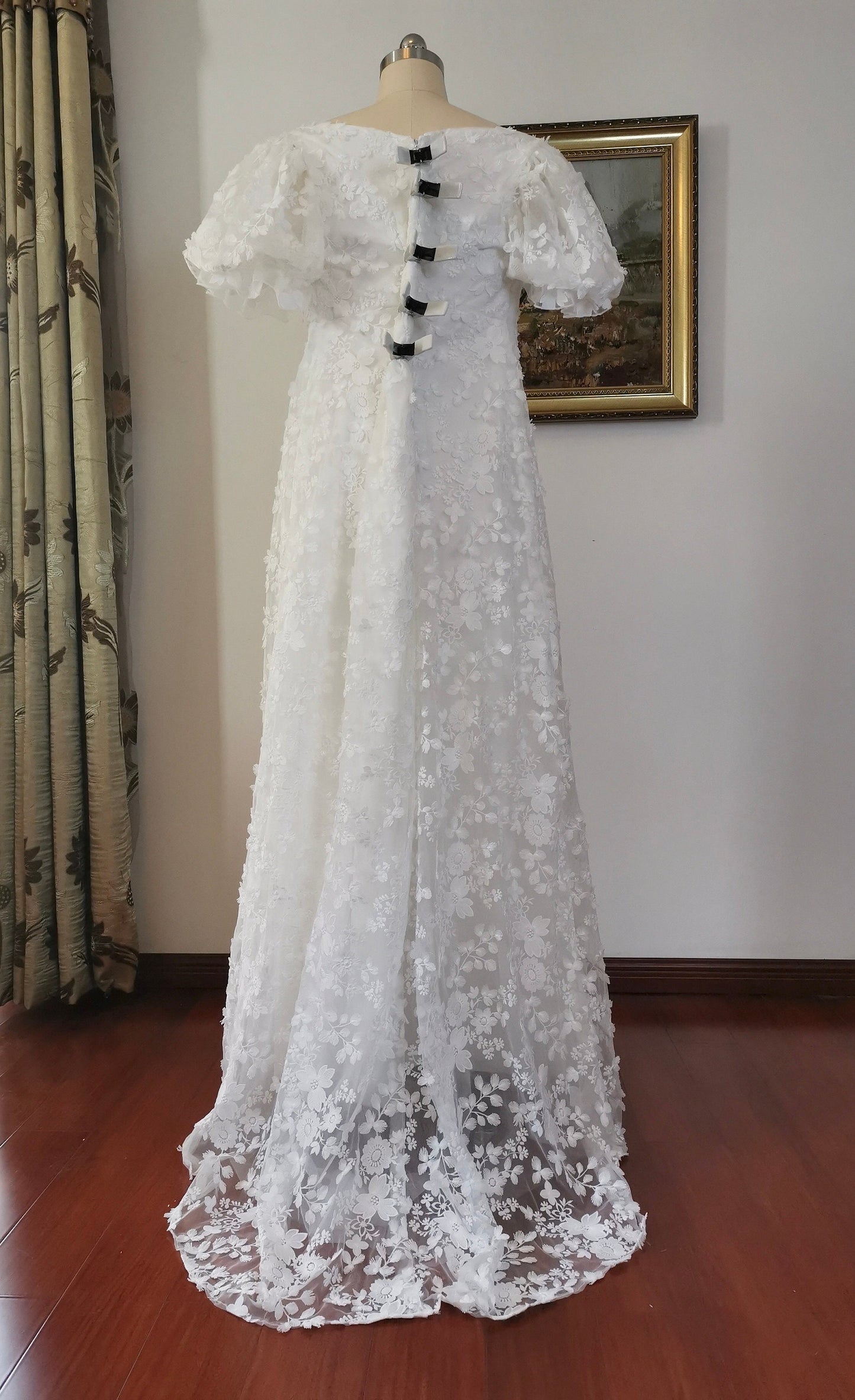 Fairy floral Bridgerton wedding dress w detachable bow, custom unique courthouse wedding gown, romantic reception elopement dress for bride