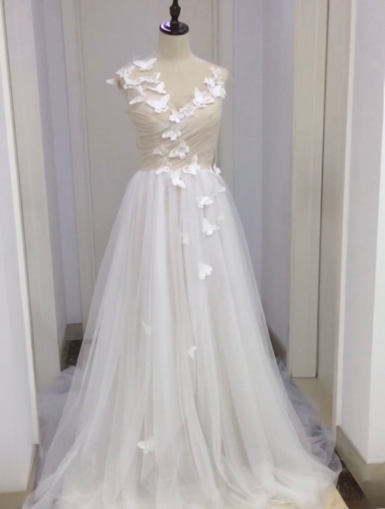 Fairy Butterfly Tulle A-line Wedding Prom Dress with Open Back, Courthouse Civil Wedding, Reception Elopement Gown