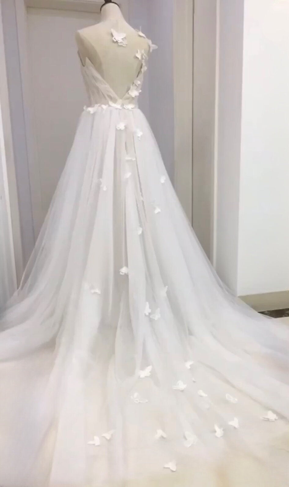 Fairy Butterfly Tulle A-line Wedding Prom Dress with Open Back, Courthouse Civil Wedding, Reception Elopement Gown