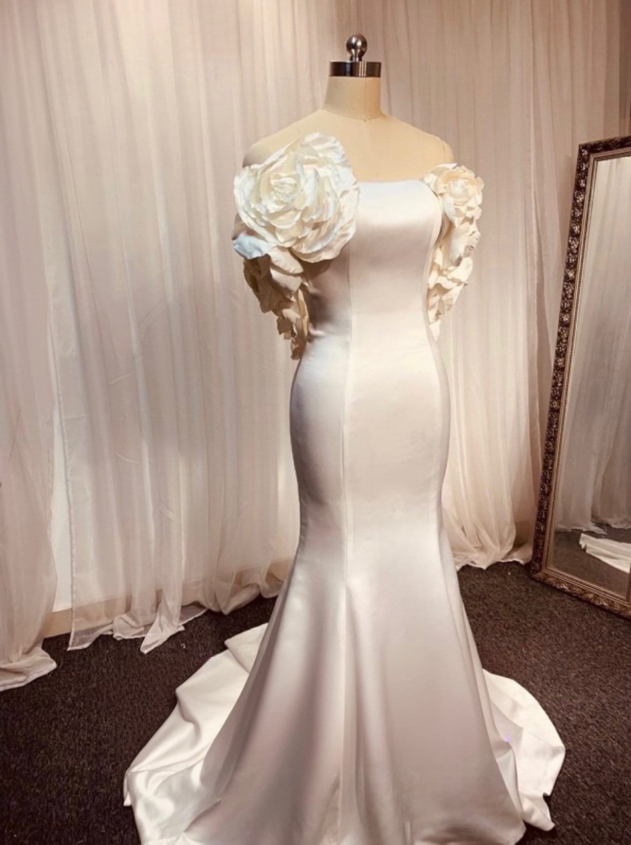 Off the Shoulder Satin Mermaid Wedding Bridal Dress with 3D Flowers, C Shindig Threads Off the Shoulder Satin Mermaid Wedding Bridal Dress with 3D Flowers, C Shindig Threads