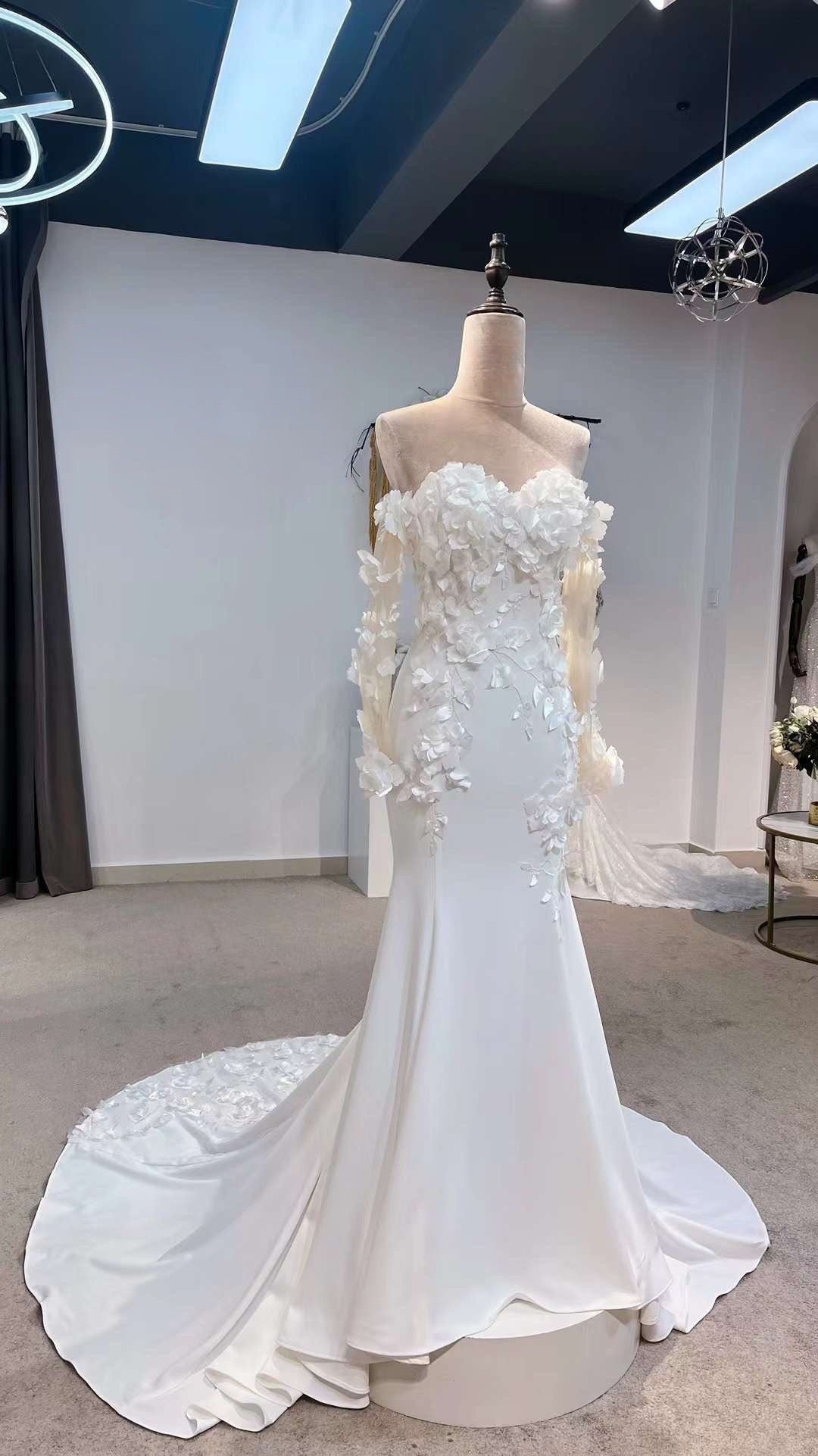 Detached Long Sleeve Off shoulder Satin Mermaid Wedding Bridal Dress, Unique Custom Reception Elopement Gown for Courthouse Civil Wedding