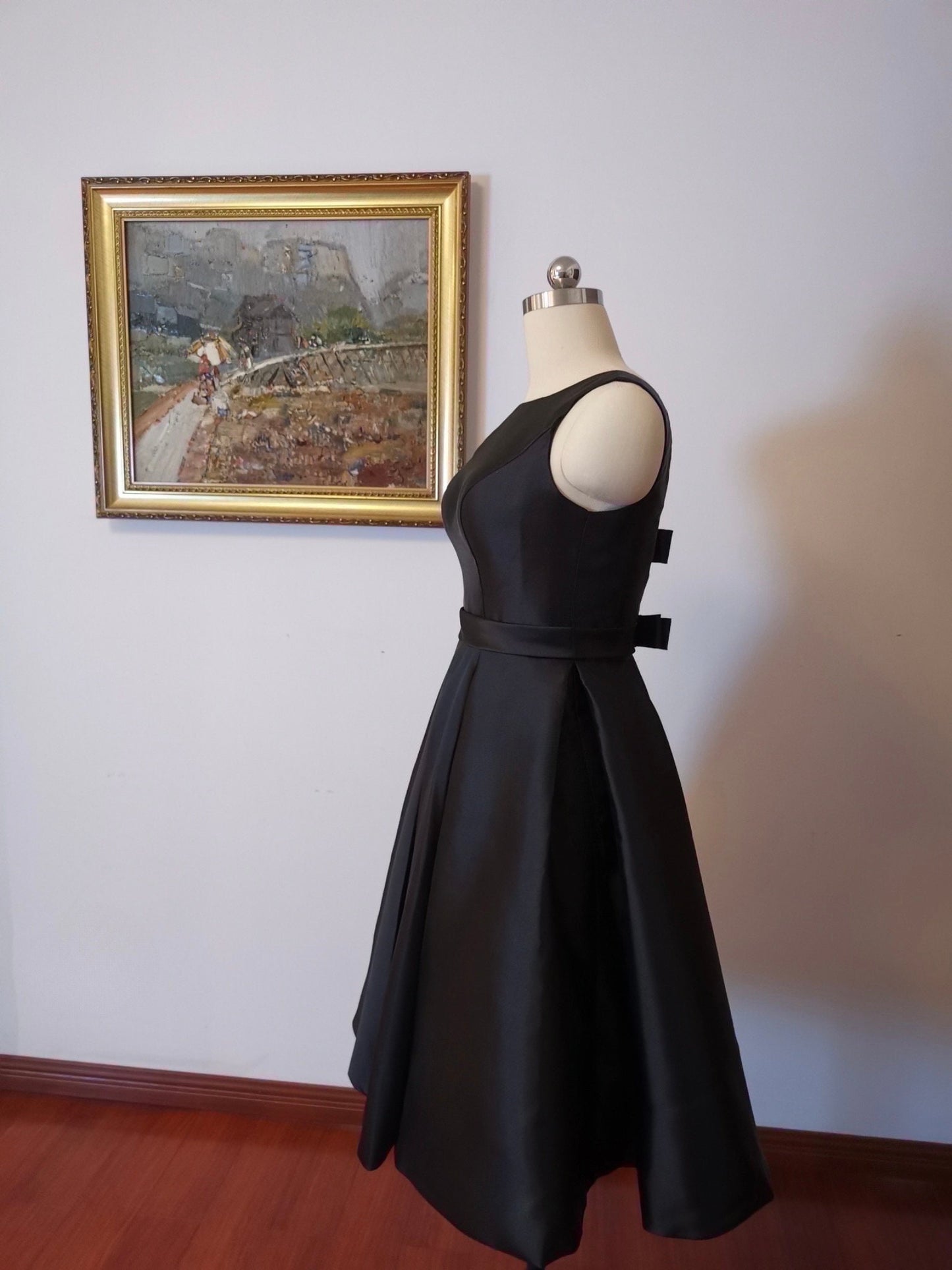 Audrey black mini dress w bow, Minimalist short satin wedding dress, Rehearsal dinner Elopement Dress, Bridal shower dress, Engagement dress
