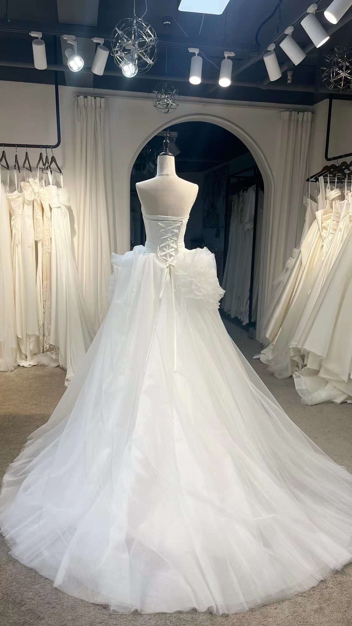 Fairy A-line Satin Tulle Wedding Ballgown, Custom Romentic Princess Unique Reception Elopement Dress for Minimalist Courthouse Civil Wedding