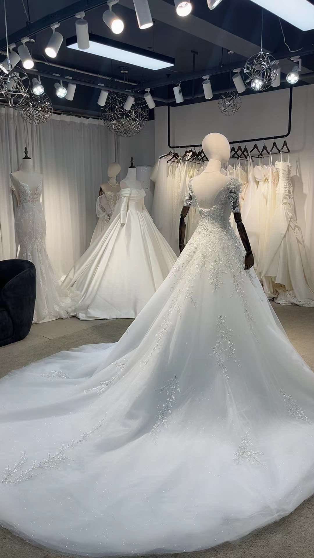 Fairytale 3D Floral Short Sleeve Wedding Princess Ball Gown, Custom Luxury Unique Bridal Dress